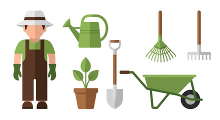 Flat Design Gardening Tools and Gardener Illustration, Suitable for Educational Materials, Garden Center Websites, and Spring Promotion Campaigns