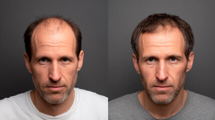 Fototapeta premium Hair Transformation: An evocative before-and-after portrait showcases a man's visible hair rejuvenation.