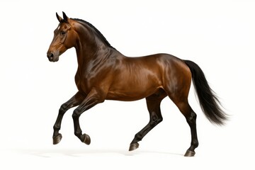 Fototapeta premium Elegant bay horse in motion isolated on white powerful muscles flowing mane and noble profile equestrian beauty captured with studio precision for posters training materials and apparel graphics