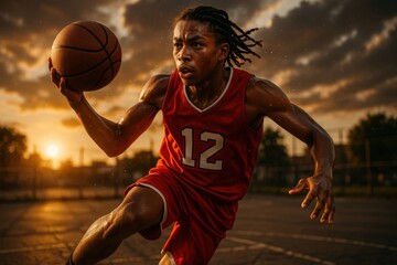 Naklejka premium Athletic young Black female point guard leaping for a clutch layup on an outdoor court at sunset with motion blur vibrant red uniform and gritty realism