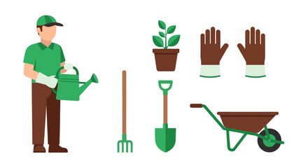 Illustration of gardening equipment and gardener for use in instructional materials or promotional content related to gardening and landscaping services