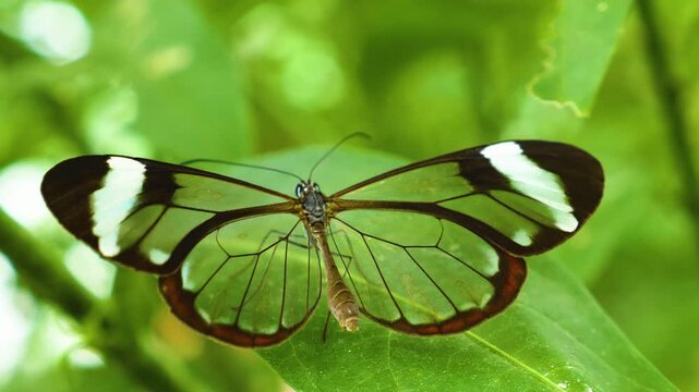 Close up of a Greta oto,  glass-winged butterfly, sitting on a leave and slowly moving his wings