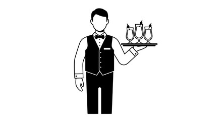 Elegant waiter carrying tray with drinks, outlined vector illustration for menu design, event promotion, or hospitality industry graphics, ideal for digital use