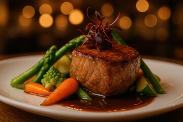 Gourmet plated entree closeup with delicate garnish sauce swirls and bokeh restaurant lights elegant culinary presentation for fine dining menus and hospitality marketing