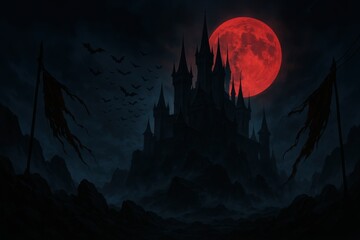 Gothic nightmare haunted castle on cliff under blood red moon swirling bats eerie fog chilling horror ambience dramatic fantasy art for posters and book covers