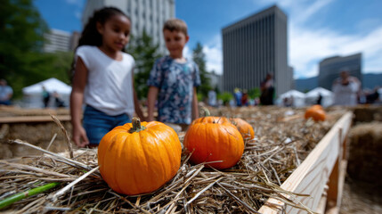 Two children enjoy a sunny autumn day as they stroll among pumpkins in a lively outdoor setting, embodying the spirit of fall and the joy of seasonal festivities.