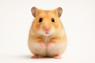 Adorable golden dwarf hamster standing on hind legs whiskers forward isolated on pristine white background studio high key pet portrait