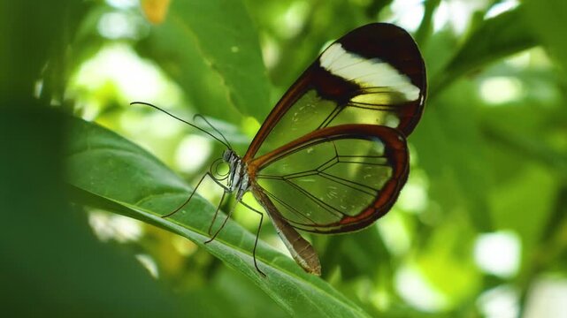 Close up of a Greta oto,  glass-winged butterfly, sitting on a leave and slowly moving his wings