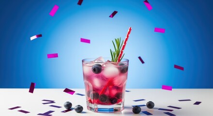 Refreshing blueberry cocktail with pink confetti celebration