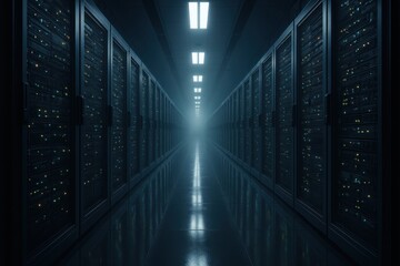 Futuristic data center aisle with symmetrical server racks glowing LEDs and cool blue light ultra clean infrastructure cloud computing and cyber security concept