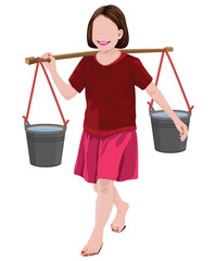 A young girl carrying a bucket of water on a shoulder pole,cartoon shape vector design