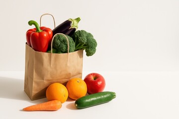 Healthy food delivery concept kraft paper bag overflowing with fresh vegan produce clean white background copy space modern eco friendly nutrition