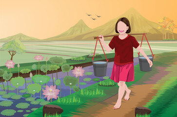 A young girl use pole carrying a bucket of water on her shoulder in paddy field at a countryside, vector design