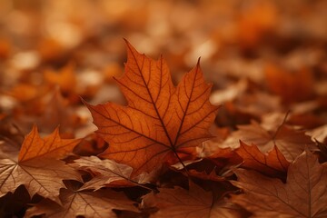 Autumn carpet of brown and orange maple leaves rich textures and bokeh creating warm seasonal background for thanksgiving promotions and cozy design projects