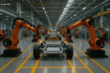 Robotic arms assemble sleek electric vehicles on a spotless advanced production line with bright task lighting precise choreography and bold safety markings for documentary grade industrial visuals