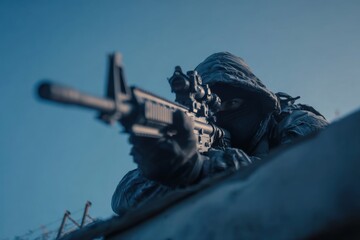 Assassin sniper man on a roof aiming a rifle