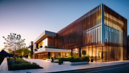 modern hotel facade with stylish lighting catering to business professionals and travelers booking accommodations