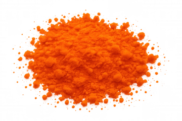 Vivid orange powder bursting into dynamic cloud, spreading colorful pigment against clean transparent surface with energetic motion