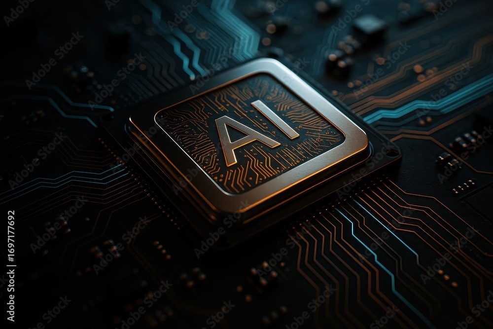 Poster futuristic neural processor glowing with cyan circuits embedded on a dark motherboard macro scene wi