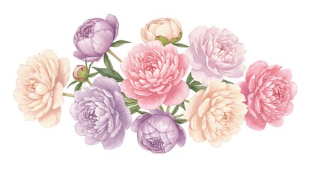 A watercolorstyle floral arrangement featuring various peonies in shades of pink purple and cream set against a white background