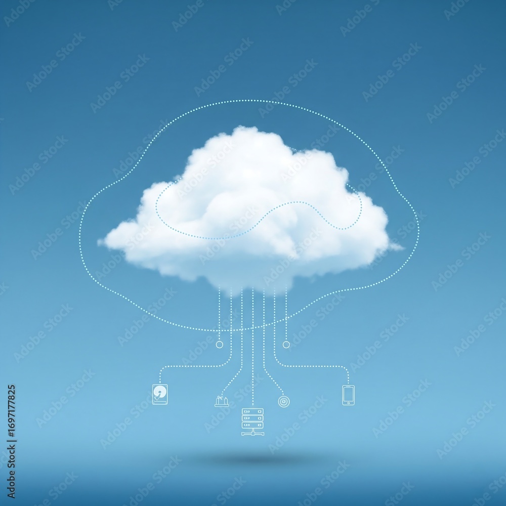 Aufkleber cloud computing technology connecting digital devices with data storage on a blue sky background.
