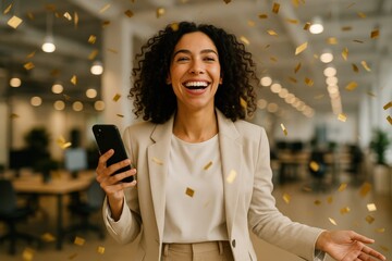 Joyful businesswoman taking a selfie amid floating gold confetti modern office background concept of career achievement celebration and social media engagement