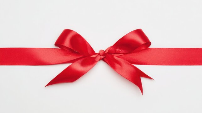 A single red satin ribbon tied in a bow, isolated on pure white, representing elegance and simplicity.