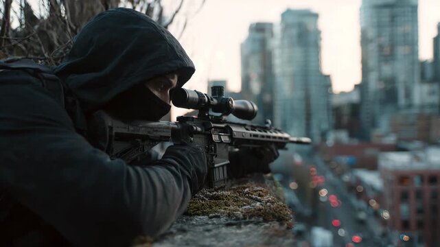 Assassin sniper man on a roof aiming a rifle