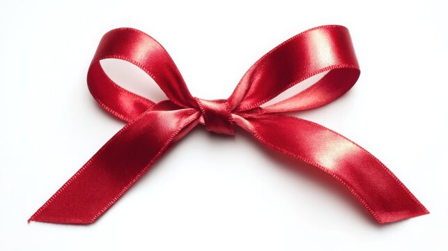 A single red satin ribbon tied in a bow, isolated on pure white, representing elegance and simplicity.