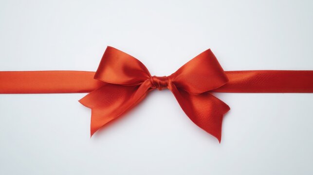 A single red satin ribbon tied in a bow, isolated on pure white, representing elegance and simplicity.