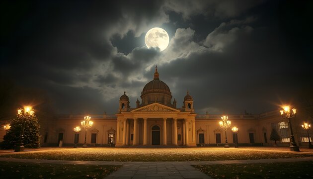 Historic building under full moon. At night, a majestic domed building stands under a full moon, illuminated by clouds and glowing street lamps.