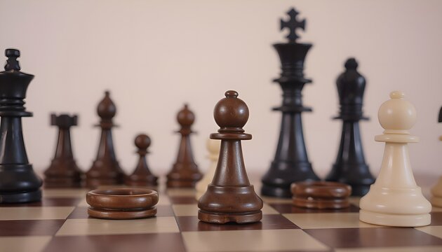 Chess pieces on the board &mdash; pawns and king in focus. Wooden chess pieces on a chessboard. A pawn is in the center, with kings and queens in the background. Concept of strategy, leadership, and tactics