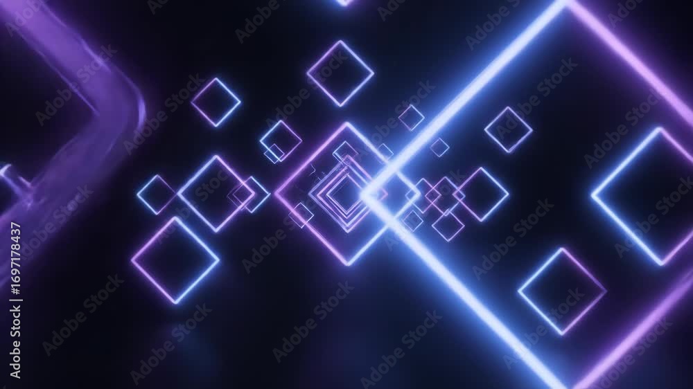 Aufkleber A dark, abstract tunnel constructed from illuminated neon squares that shift and overlap, featuring dynamic light streaks and floating particles in vibrant blue and purple.
