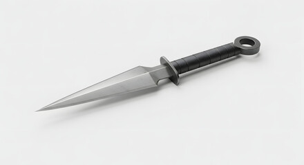 Dagger of Precision: A close-up shot of a meticulously crafted dagger, showcasing its sharp blade, balanced handle, and ringed end against a simple backdrop.
