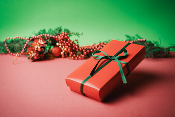 Christmas background photography. Various decorations, gift boxes, green and red colors. Christmas...