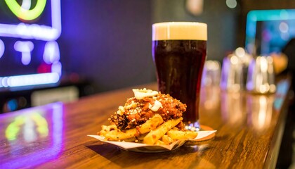 Dark beer and crispy fries on a bar