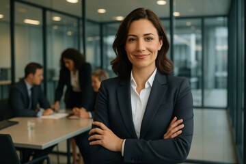 Confident businesswoman in tailored suit standing in glass boardroom arms crossed smiling at camera collaborative team meeting blurred behind leadership presence corporate success concept
