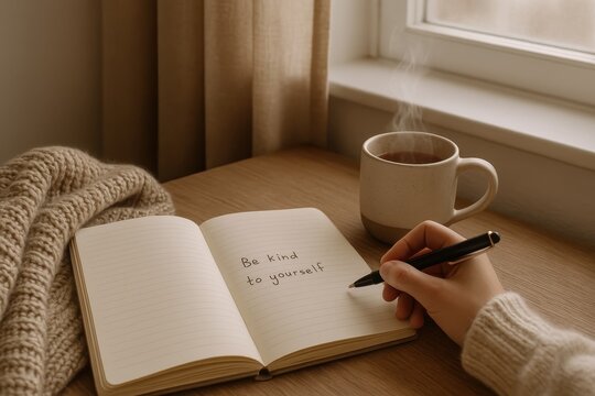 Mindful journaling moment with hand writing in notebook warm tea nearby cozy blanket and gentle window light self care reflection emotional wellbeing focus and calm home ritual