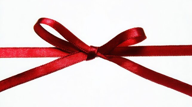 A single red satin ribbon tied in a bow, isolated on pure white, representing elegance and simplicity.