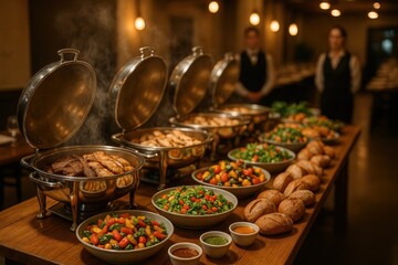 Elegant restaurant buffet service with stainless chafing dishes grilled meats seasonal salads and artisanal breads under warm ambient lighting