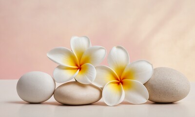 Tranquil spa scene with delicate plumeria flowers and smooth balancing stones, promoting peace and wellness.