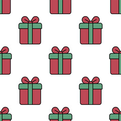 Seamless pattern of colorful gift boxes, perfect for various festive themes. The gifts are wrapped with ribbons