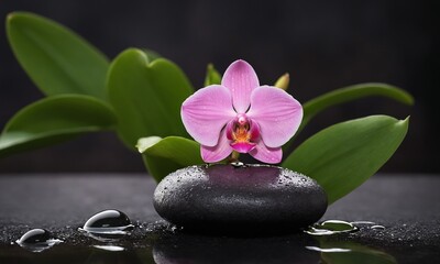 Soothing pink orchid balanced on a wet black stone with lush green leaves and water droplets