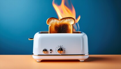 white toaster with charred bread and flames showcasing retro design vibrant blue background enhances dramatic effect of burning toast creating striking visual