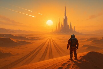 Fototapeta premium Curious explorer stands on dune overlooking futuristic desert megacity with starships and elevated rails inspiring vision of interplanetary travel resilience and discovery at sunrise