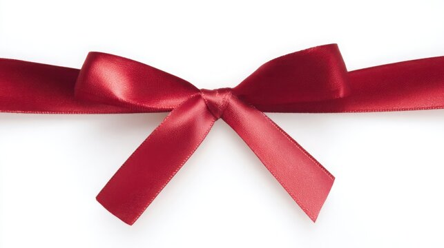 A single red satin ribbon tied in a bow, isolated on pure white, representing elegance and simplicity.