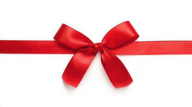 A single red satin ribbon tied in a bow, isolated on pure white, representing elegance and simplicity.