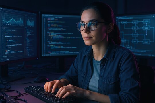 Focused female data scientist building machine learning models in a neon lit workspace dashboards diagrams and code flowing across multiple screens