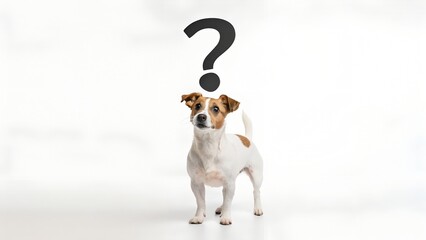 Realistic dog with question mark above its head – white background, symbol of doubt or reflection