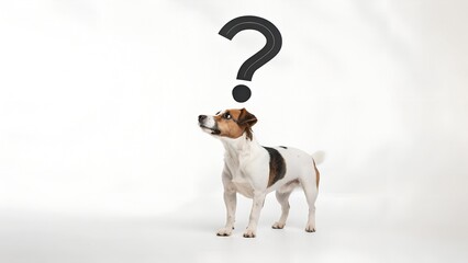 Realistic dog with question mark above its head – white background, symbol of doubt or reflection
